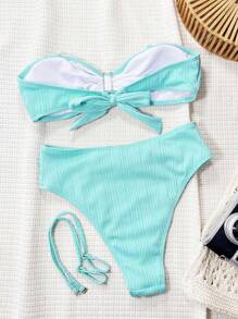 Swim Vcay 夏季新款纯色提花面料抹胸休闲露背系带可拆卸细肩带高腰短裤金属贝壳装饰沙滩比基尼套装 - 藍色 - 查看 2