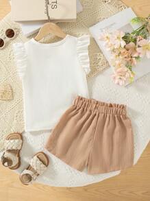 Genkimix Kids 女孩情人节两件套，荷叶边领印花 T 恤和直筒松紧腰短裤，休闲夏装