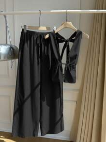 SHEIN Unity 2pcs/Set Women Summer Casual Vacation Tied Backless Camisole And Loose Pants Set - Black - View 5