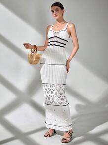 CLARA VERO 女士特别针织罩衫长款无袖连衣裙，撞色细节 - 白色 - 查看 1