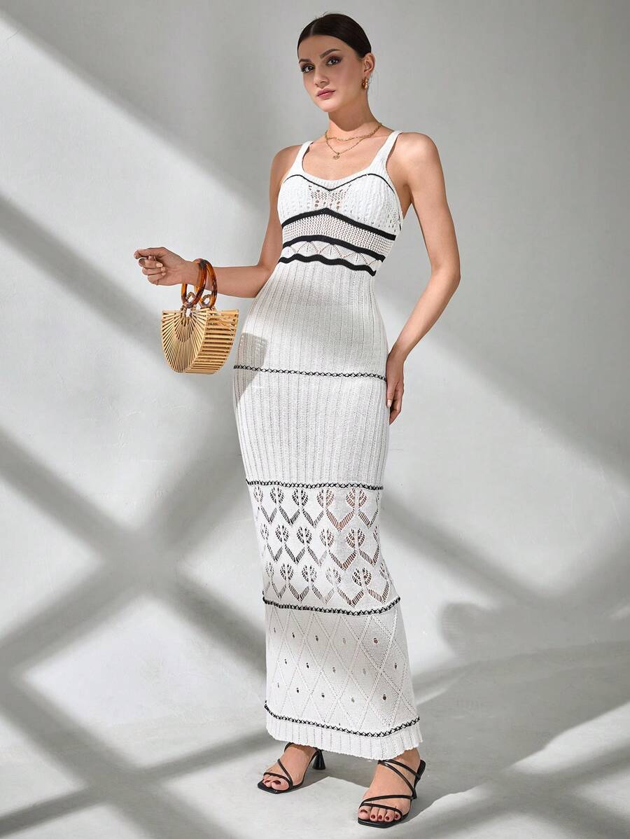 CLARA VERO 女士特别针织罩衫长款无袖连衣裙，撞色细节 - 白色 - 查看 1