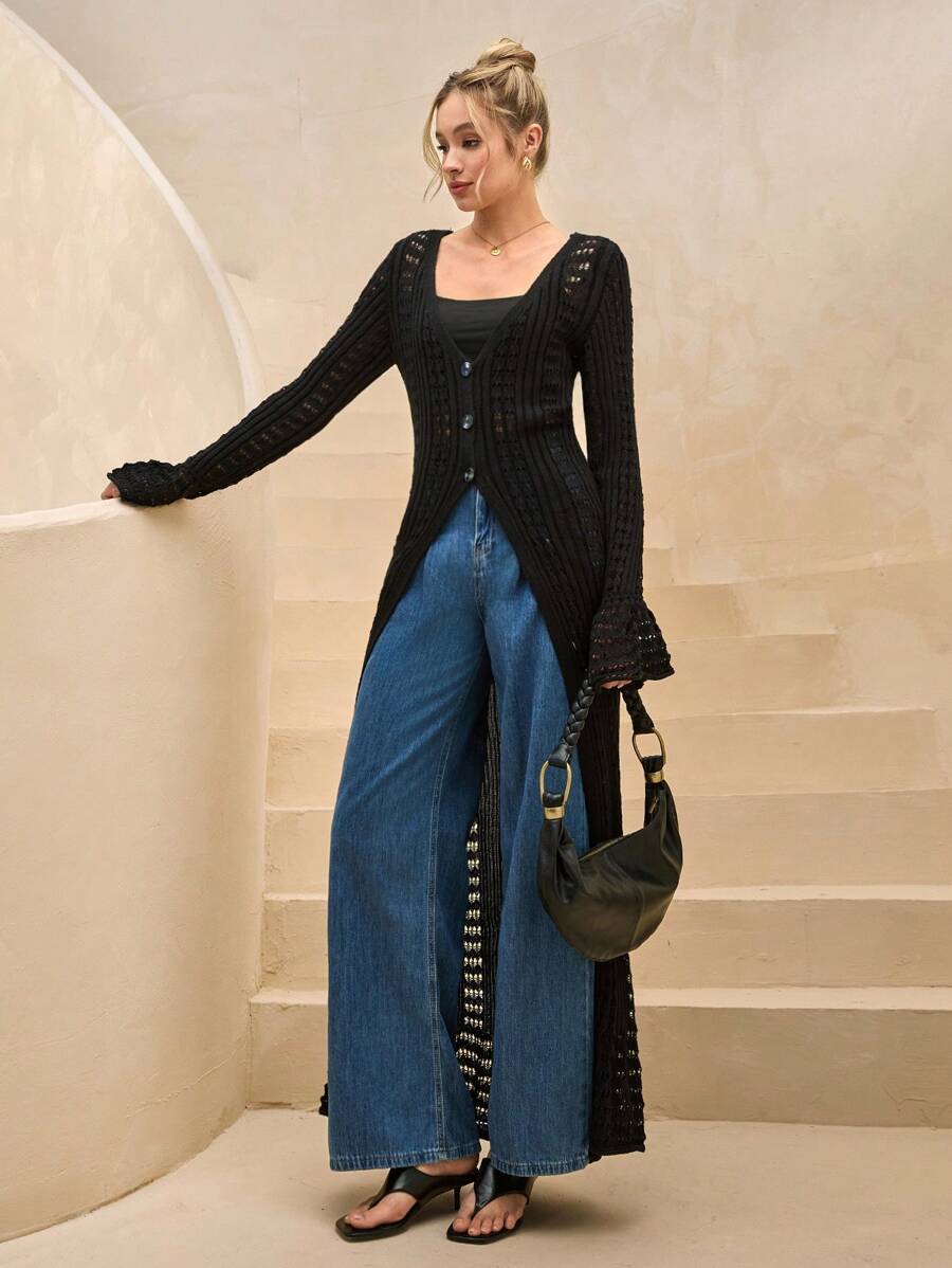 RueChic WOMEN CROCHET KNIT BUTTON-UP MAXI DRESS CREAM - Cream - View 1