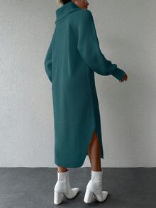 EURMUSE Women Casual Solid Color Turtleneck Knit Sweater Dress, Autumn/Winter,Petite - Green - View 2