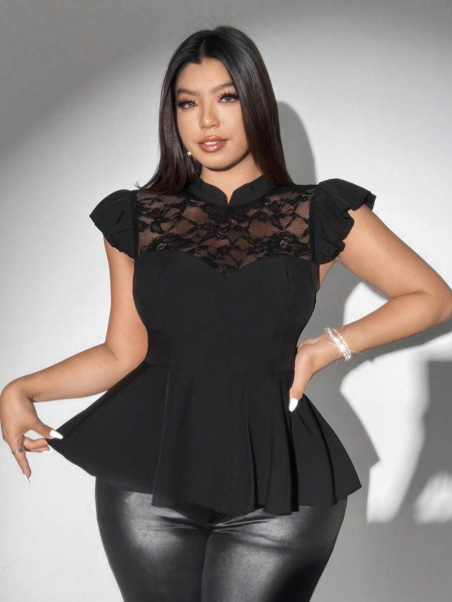 Viva Relle Plus Size Sheer Black Romantic & Elegant Blouse With Cap Sleeves - Black - View 1