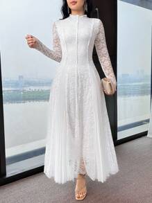 Feyla 女式纯色蕾丝拼布褶饰优雅长袖连衣裙 - 白色 - 查看 4