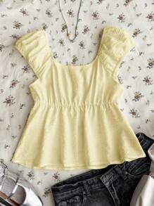 SHEIN TEENGIRL Yellow Bubble Texture Fabric Square Collar A-Line Short Shirt, Sweet & Cute, College Style Shirt
