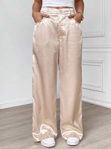 SHEIN LUNE Women's White Twill Office Pants, Elegant & Casual For Work Outfit, Spring/Summer Women Pants Business Casual Women Women Pants Women Dress Pants Khaki Women Pants Baggy Pants Office Women Outfits Work Women Clothes Business Casual Wide Leg Women Pants Professional Women Clothes Airport Women Outfits Teacher Outfits For Women