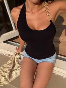 Women's Summer Fashion Street Vacation Style Asymmetric Metal Ring Halter Neck Top - Black - View 3