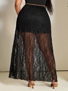 SHEIN PETITE CURVE Plus Size Women Floral Lace Skirt Women Summer For Vacation Country Concert People Of Shorter Stature - Black - View 2