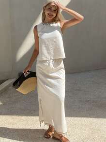 Livesso Conjunto de 2 piezas de top de tirantes casual de lino y falda de largo medio, para primavera/verano