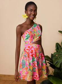 Travachic Summer Holiday Style Tropical Print Cutout Waist Sleeveless Dress, Vacation, Summer, Summer Outfits For Women, Beachwear, Beach Outfits For Woman, Vacation Outfits Women, Concert Outfit Women, BOHO, Tropical Vacation Woman Clothes, Summer Dresses For Women, Holiday Outfits Vacation Dress