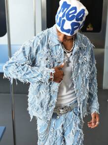 PAVTROS 男士街头服饰 轻度水洗毛边破洞口袋设计贴花刺绣宽松牛仔裤 街头休闲学院风、emo 风格 - 淺色水洗藍 - 查看 8