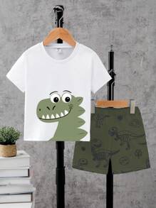SHEIN Playful Pals 1 Set Toddler Cartoon Style T-Shirt And Shorts Set, T-Shirt With Adorable Green Dinosaur Head Print, Shorts With All-Over Blue Dinosaur And Fossil Pattern, Short Sleeve Shorts, Lightweight, Suitable For Daily Wear, Spring/Summer - Multicolor - View 3