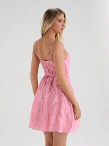 Glamine Romantisches Frühlings- und Sommer-Jacquard-Fischgräten-Brustbecher-Einfarbenes-Cami-Mini-Kleid für Damen - Pink - Übersicht 2