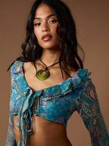 MISSGUIDED 佩斯利印花长袖短款衬衫波西米亚风节日喇叭袖荷叶边细节度假沙滩装夏季春季系带上衣沙滩罩衫 - 藍色 - 查看 4