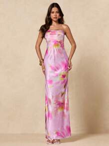 SHEIN BAE Summer Women Floral Print Strapless Backless Elegant Dress, Suitable For Party, Holiday, Wedding, Evening Occasion, Romantic Date - Pink - View 2