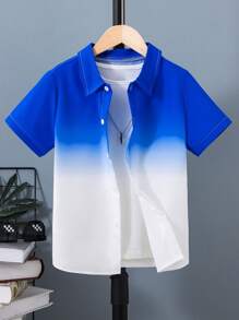 SHEIN Tween Boy Ombre Short Sleeve Shirt, Fashionable Ombre Design, Breathable Fabric, Comfortable For Everyday Wear - Royal Blue - View 3