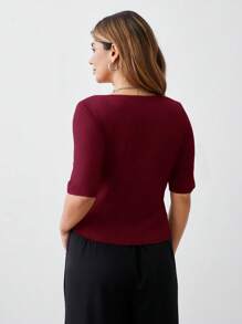 SHEIN BASICS 3pcs/Pack Casual Solid Color Knitted Square Neck Short Sleeve Form-Fitting Plus Size T-Shirt  Summer Tops - Multicolor - View 2
