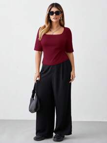 SHEIN BASICS 3pcs/Pack Casual Solid Color Knitted Square Neck Short Sleeve Form-Fitting Plus Size T-Shirt  Summer Tops - Multicolor - View 4