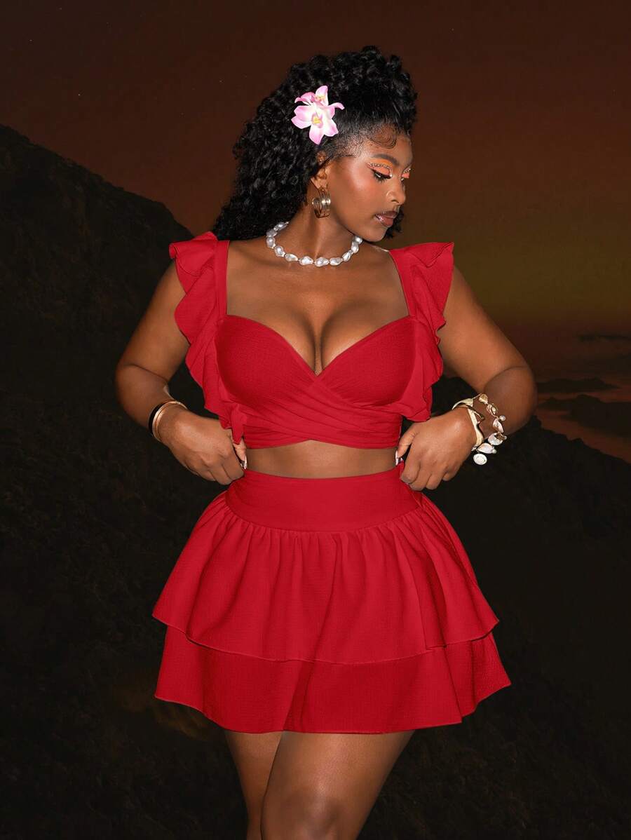 Slaydiva 不对称领口无袖褶皱短款上衣和层叠荷叶边下摆迷你裙搭配两件套