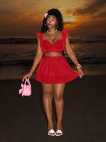 Slaydiva 不对称领口无袖褶皱短款上衣和层叠荷叶边下摆迷你裙搭配两件套