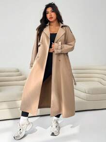 SHEIN EZwear 大码女式休闲长款风衣 - 卡其色 - 查看 5