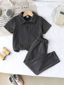 SHEIN 2pcs/Set Toddler Boys Cute Casual Sports Striped Print Half-Placket Polo Shirt And Solid Color Sports Long Pants, Suitable For Daily Wear, School, Outdoor, Dining, Summer Camp, Spring/Summer - Grey - View 3