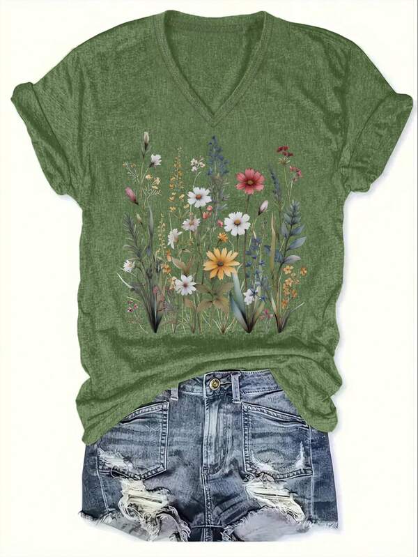 SHEIN LUNE Camiseta con patrón floral, cómoda de usar, cuello en V, para verano y primavera, Camiseta gráfica ropa de mujer