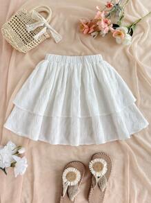 SHEIN Leap Crew Tween Girls' Casual Vacation Pure White Textured Fabric Layered Ruffle Hem Mini Skirt - White - View 6