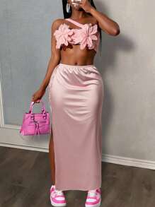 Slaydiva Women Dusty Pink Summer Tropical Beach Vacation Holiday,Satin Shiny Fabric 3D Floral Decor Strapless Backless Maxi Dress,See-Through Mesh Rhinestones - Pink - View 2