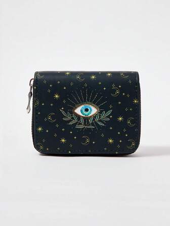 Fairycore 1 pièce Portefeuille court minimaliste pour femme, motif de vigne d'œil-soleil-lune-étoile, porte-monnaie