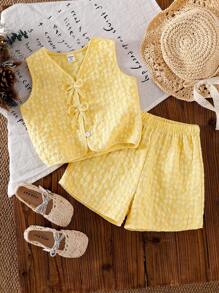 2pcs Girls (Small) Yellow Textured Fabric Vest & Shorts Set, Fashionable Design, Unique Summer Girl Outfit Summer Holiday