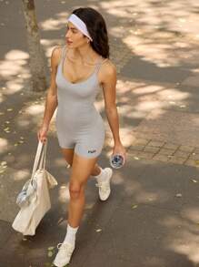 Eassivo Eassivo Women's Personalized Letter Slogan Printed Camisole Backless Fitted Short Sports Jumpsuit, Spring/Summer - Light Grey - View 7