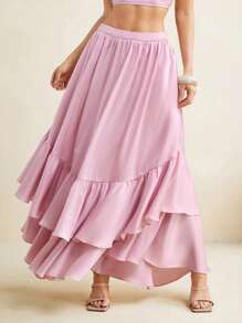 Mathilde Lhomme Pastel Pink Satin High-Waist Layered Ruffle Maxi Skirt Women Elegant Summer Skirt - Pink - View 3