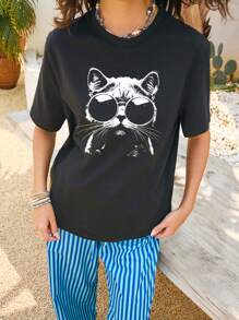 Tseoso 休闲简约太阳镜猫咪图案女式T恤 - 黑色 - 查看 8