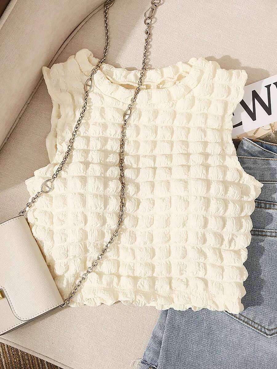 Franclia 女士时尚休闲纹理泡泡无袖上衣 - 杏色 - 查看 1