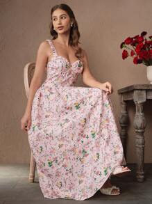 SHEIN Unity Váy xòe xanh trễ vai buộc dây hở lưng họa tiết hoa lãng mạn thanh lịch có thân áo bo xương thép, lý tưởng cho trang phục nghỉ dưỡng mùa xuân và mùa hè - Hồng - Xem 6