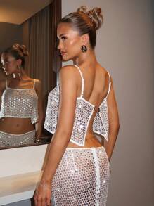 SHEIN BAE Maglietta bianca elegante con paillettes in rete traforata, scollo a spalle scoperte, top a uncinetto, top corto stile country Kuea per concerti, top canottiera per uscire, coprispalla trasparente per vacanze al mare o festival musicali - Bianco - Visualizzare 1