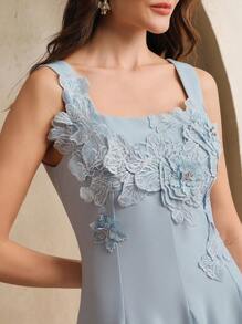 Anewsta 优雅的白色连衣裙，胸前有花卉印花装饰，适合春季、夏季、约会、节日、派对 - 淺藍色 - 查看 2