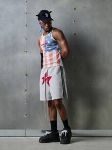 NEON BLANC Men's Streetwear Style Star & Stripe Letter Print Knit Tank Top, Suitable For Summer, School - Red and White - View 1