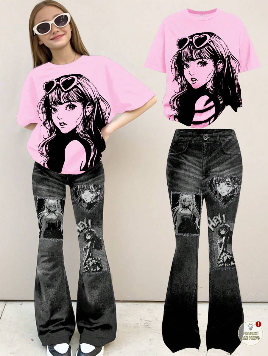 SHEIN Leap Crew 青少年女孩休闲简约短袖上衣和裤子两件套，适合夏季