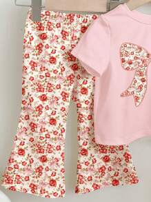 SHEIN 可爱波西米亚风格，碎花蝴蝶结女婴休闲简约浅粉色短袖圆领 T 恤和喇叭裤套装，适合春夏季 - 彩色 - 查看 4