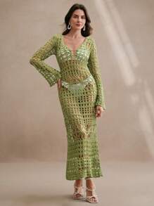 Anewsta 镂空性感长裙、手工编织沙滩比基尼罩衫、深V露背长款沙滩裙 - 綠色 - 查看 1