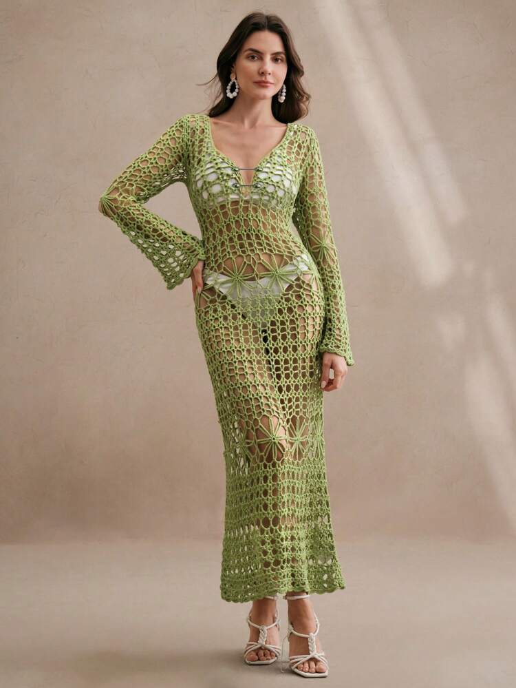 Hollow-Out Sexy Maxi Dress, Hand-Knit Beach Bikini Cover-Up, Deep V Backless Long Beach Dress For Summer Beach Vacation