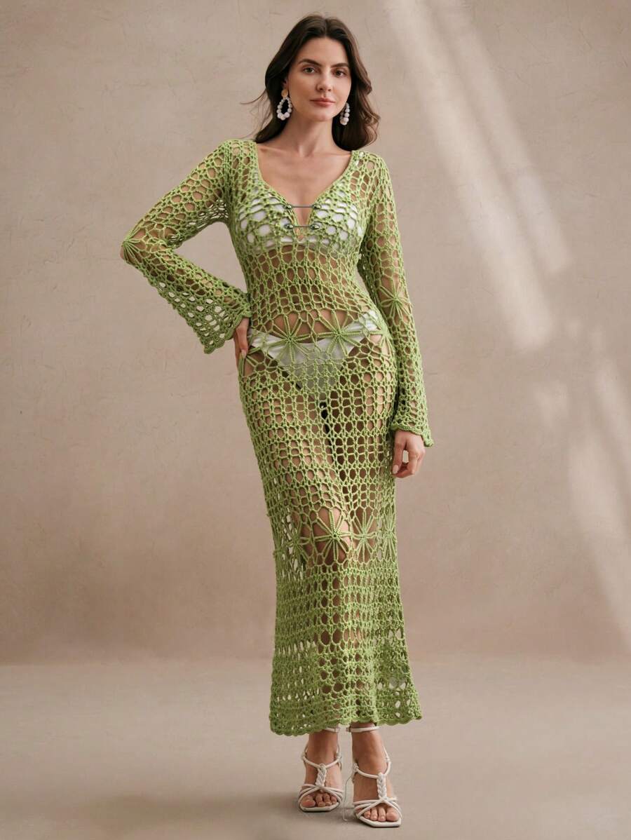 Anewsta 镂空性感长裙、手工编织沙滩比基尼罩衫、深V露背长款沙滩裙 - 綠色 - 查看 1