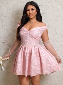 Flirla Plus Size Women Puff Sleeve Off Shoulder Sexy Mini Dress, Princess Date Floral Jacquard Fabric Vacation Dress - Pink - View 3