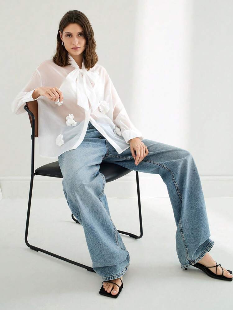 SHEIN Maija Women's White Mesh Tie Collar Semi-Sheer Blouse, Elegant Style With Design Flair