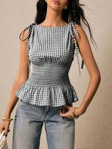 Poéselle 女士束腰格纹上衣，圆领，腰部系带，荷叶边下摆，肩部系带，吊带背心，夏季可爱Y2K风格服装