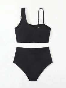 SHEIN Swim 女士度假纯色不对称吊带圆环连体性感比基尼套装分体比基尼套装夏日海滩 - 黑色 - 查看 2