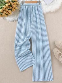 SHEIN LUNE Plus Size Women Frill Waist Tie Striped Wide Leg Pants - Baby Blue - View 2
